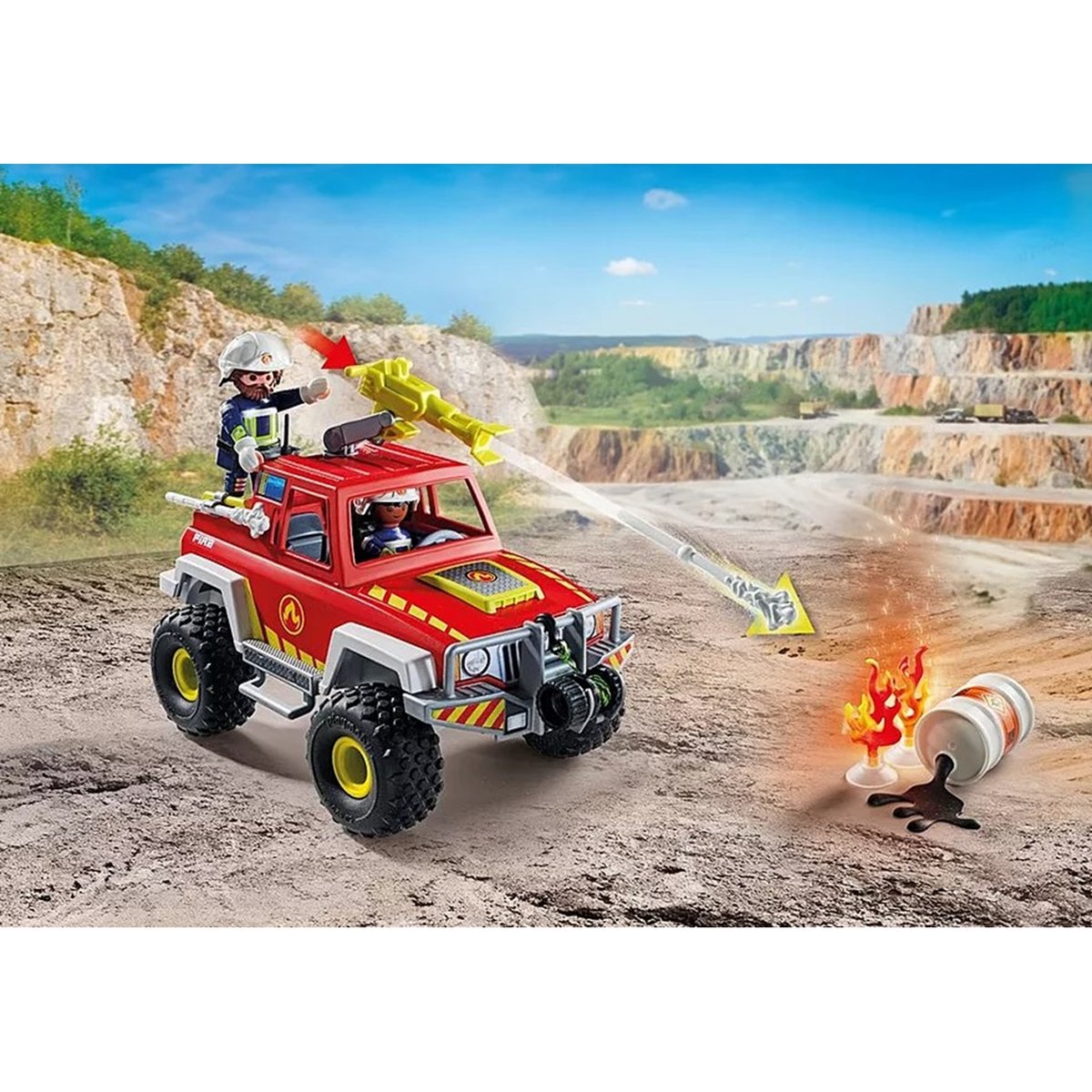Véhicule de pompiers avec bidon d'essence enflammé véhicule de pompiers avec bidon d'essence enflammé, PLAYMOBIL