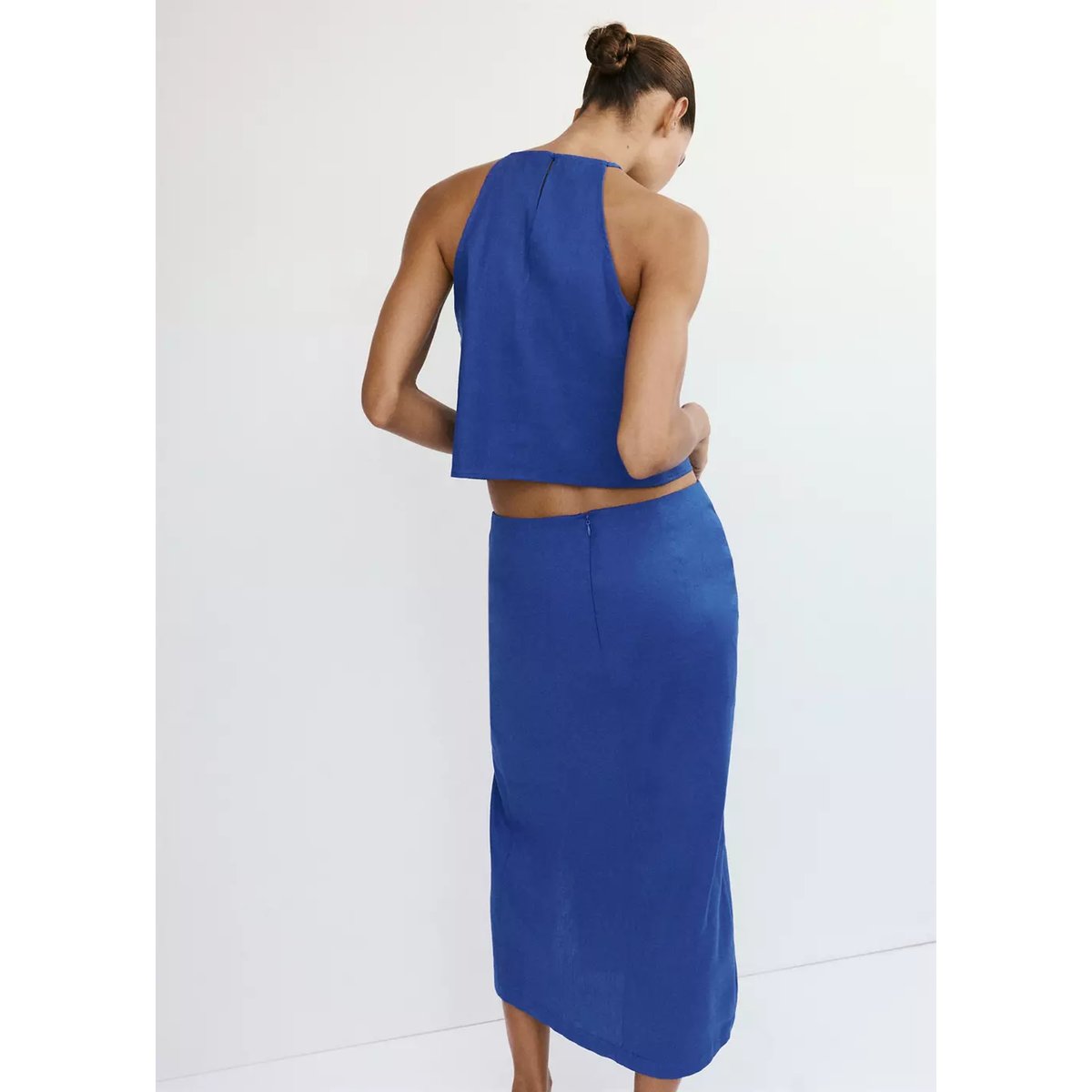 Jupe midi en mélange de lin et coton bleu, MANGO