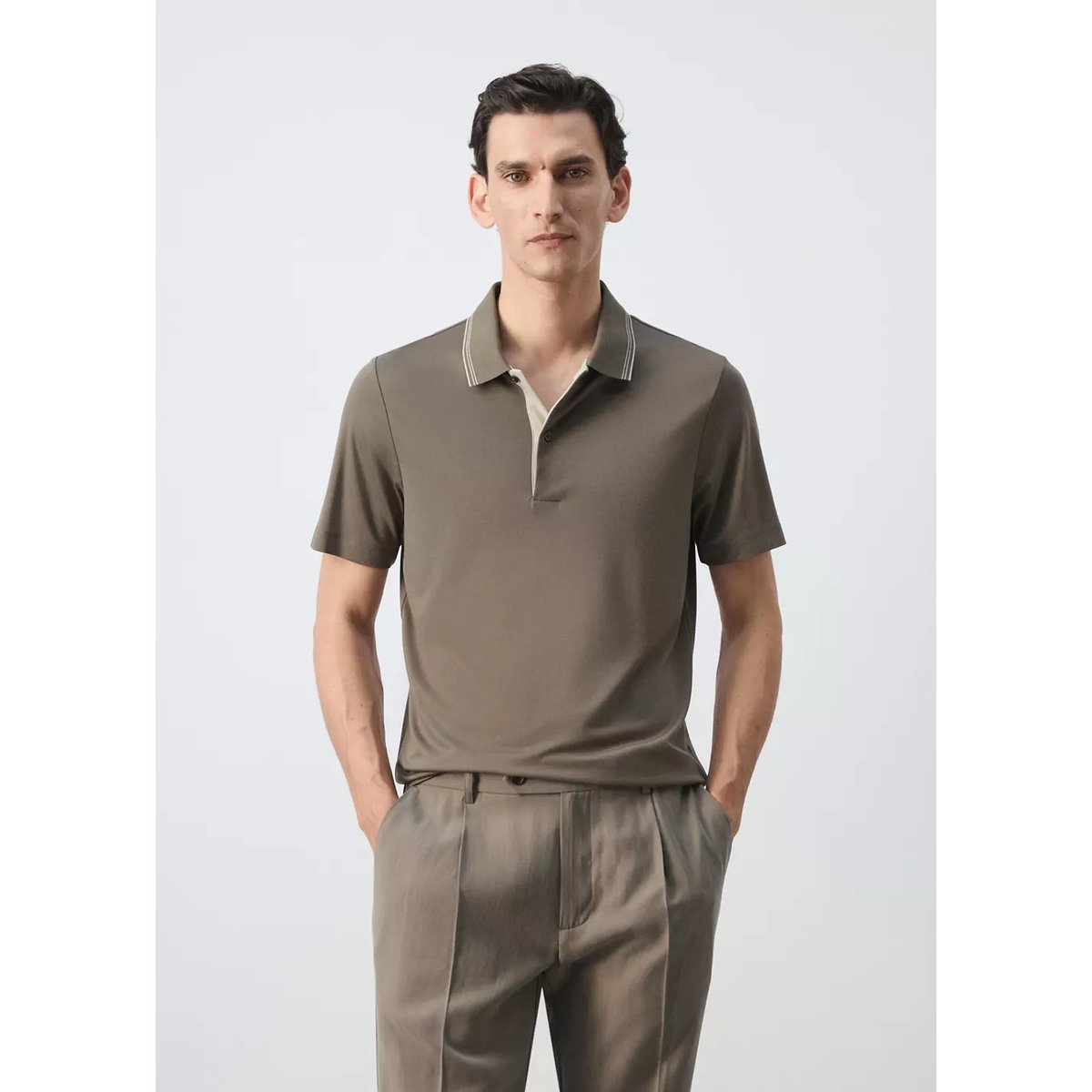Polo slim fit détail col marron moyen, MANGO MAN