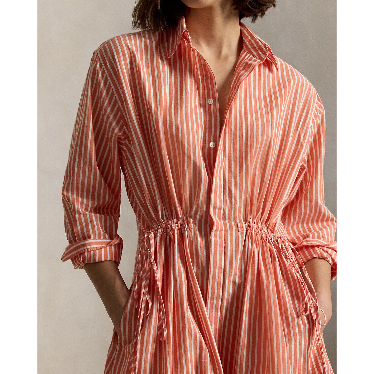 Robe chemise rayée à manches longues, avec taille ajustable rayé orange/blanc, POLO RALPH LAUREN