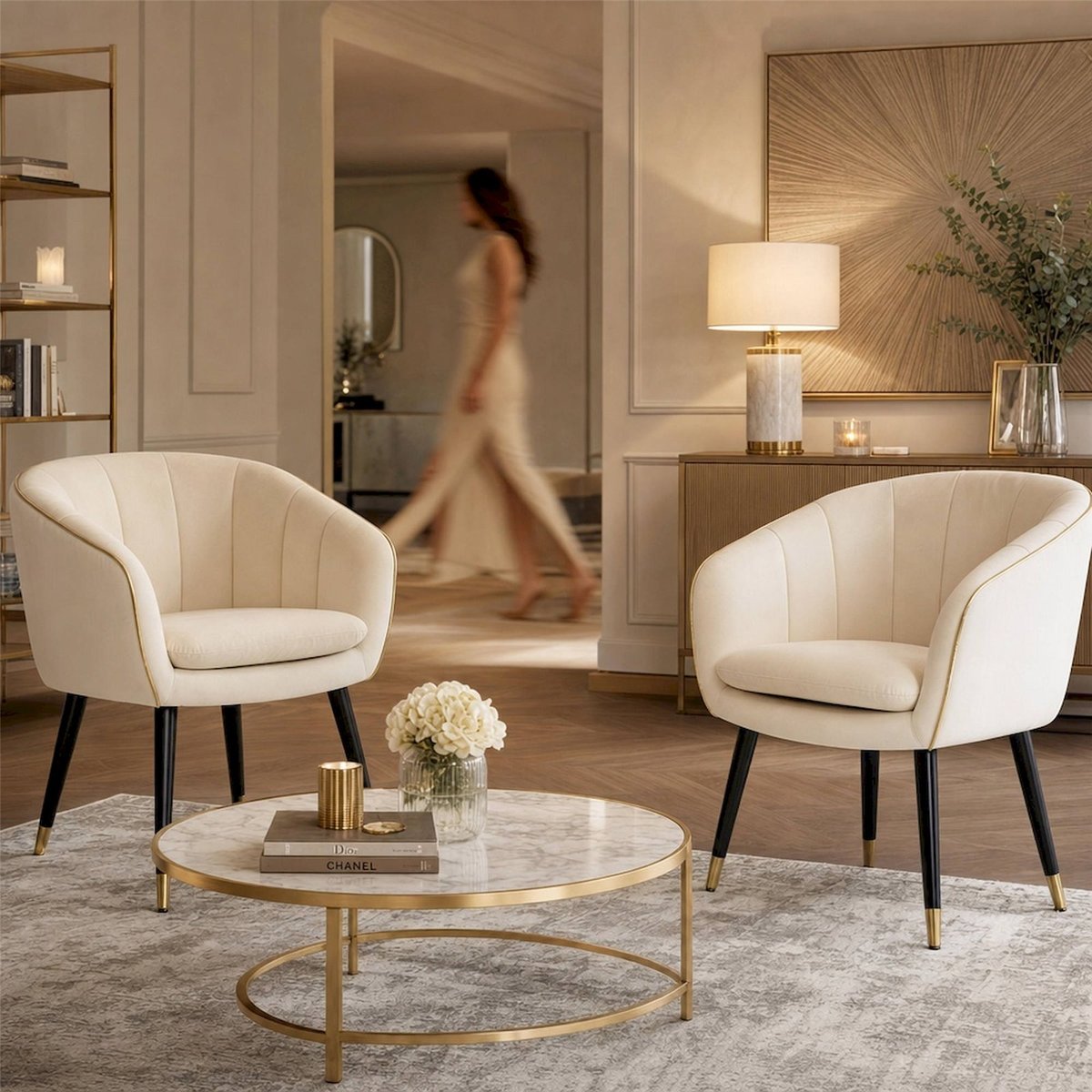 Fauteuil coquille rembourré esprit glamour GLAM crème et or, RECOLLECTION