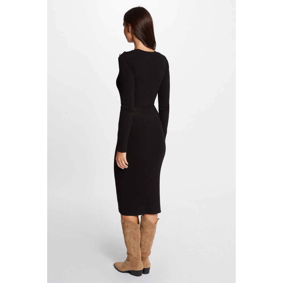 Robe tricot midi ajustée noir, MORGAN