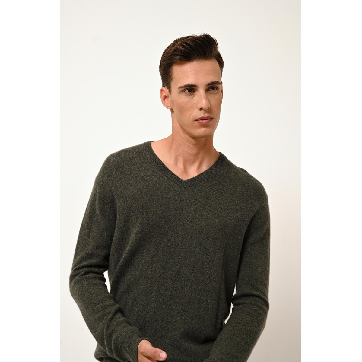 Pull Col V Kaki Chiné Walt kaki chiné, JUST CASHMERE