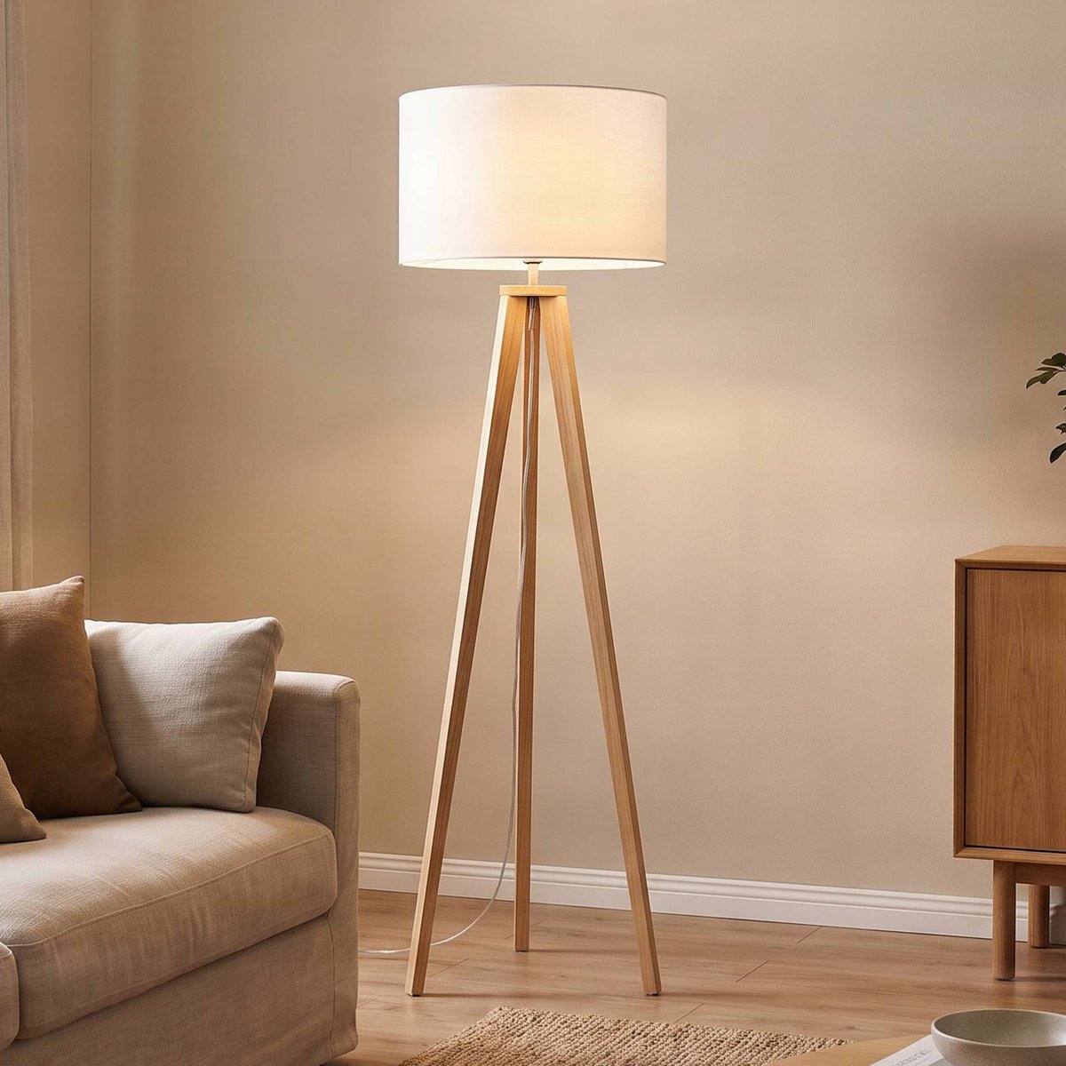 Lampadaire en textile scandinave, Charlia bois clair, blanc, LINDBY