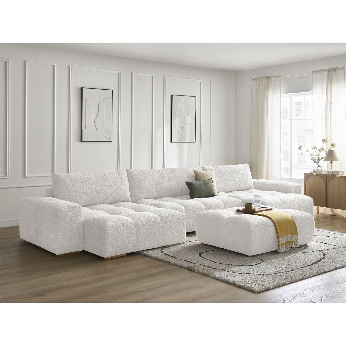 Canapé panoramique fixe 7 places en tissu bouclette avec pouf, ANAKIN blanc, BOBOCHIC