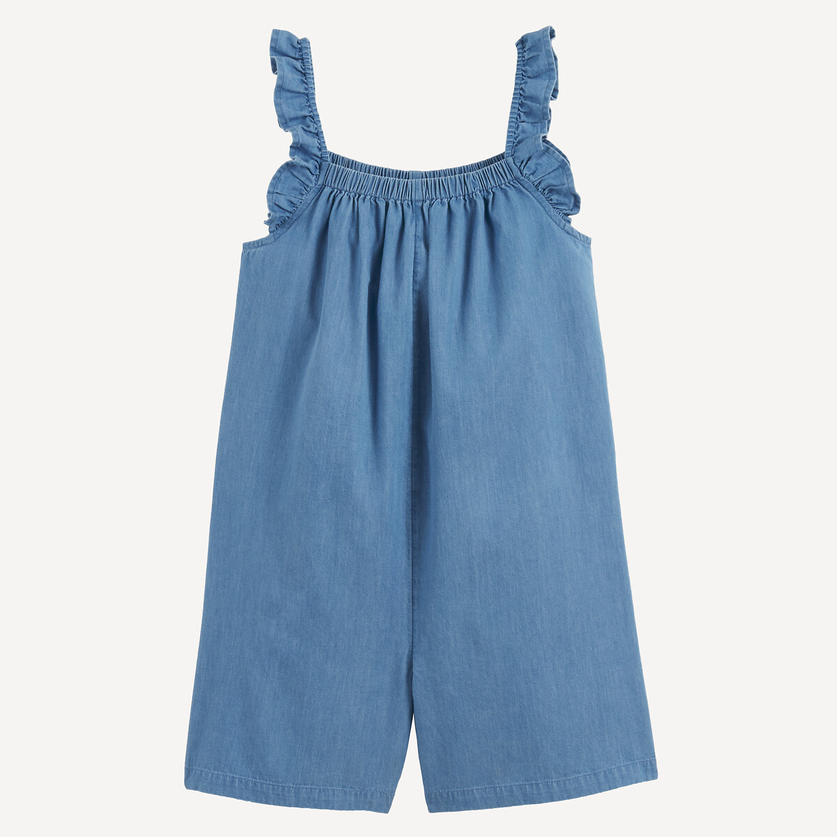 Salopette met dunne schouderbandjes met volants, van lichte denim double stoned denim, LA REDOUTE COLLECTIONS