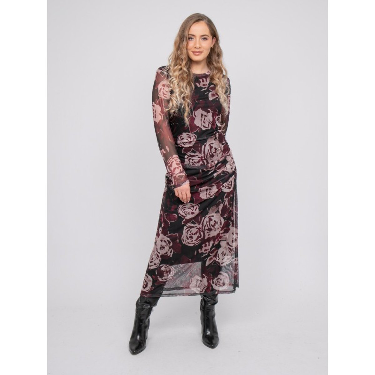 Robe Longue En Mesh Motif Roses Irma noir, DONA LISA
