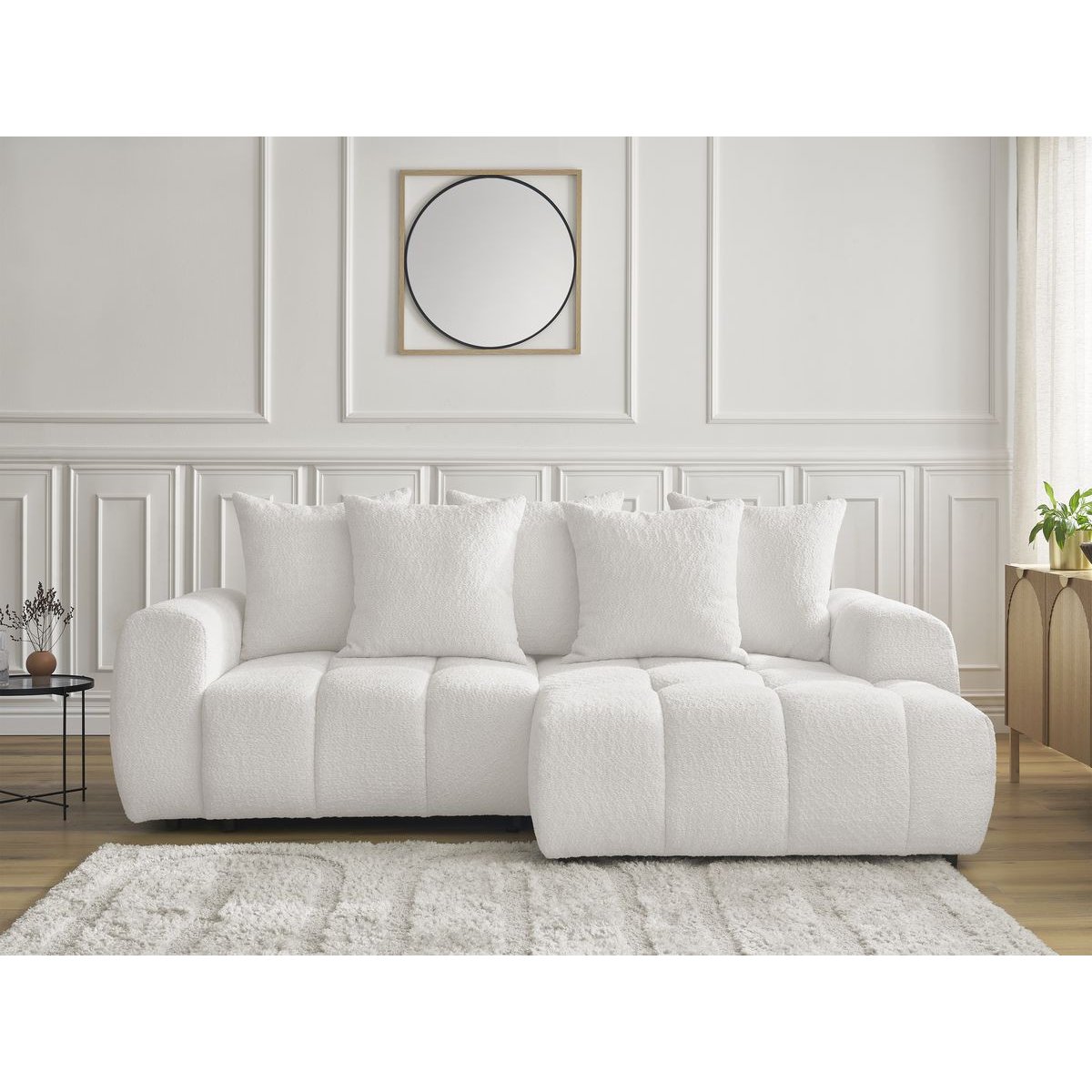 Canapé d'angle convertible 3 places en tissu bouclette, ROXELANE blanc, BOBOCHIC