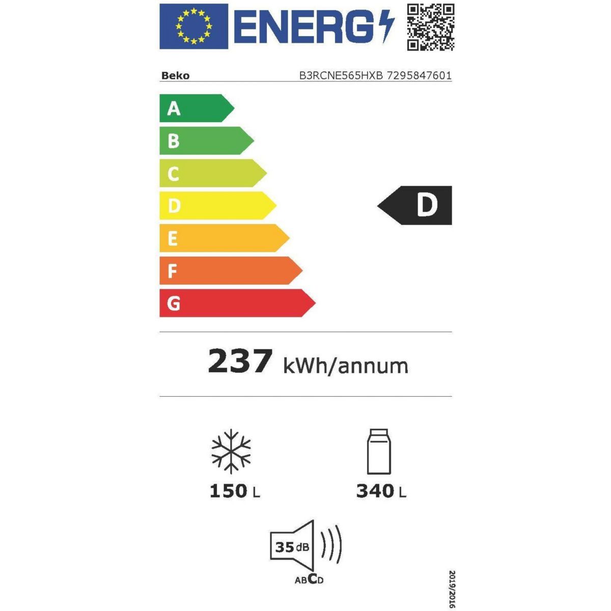 Réfrigérateur combiné B3RCNE565HXB couleur unique, BEKO