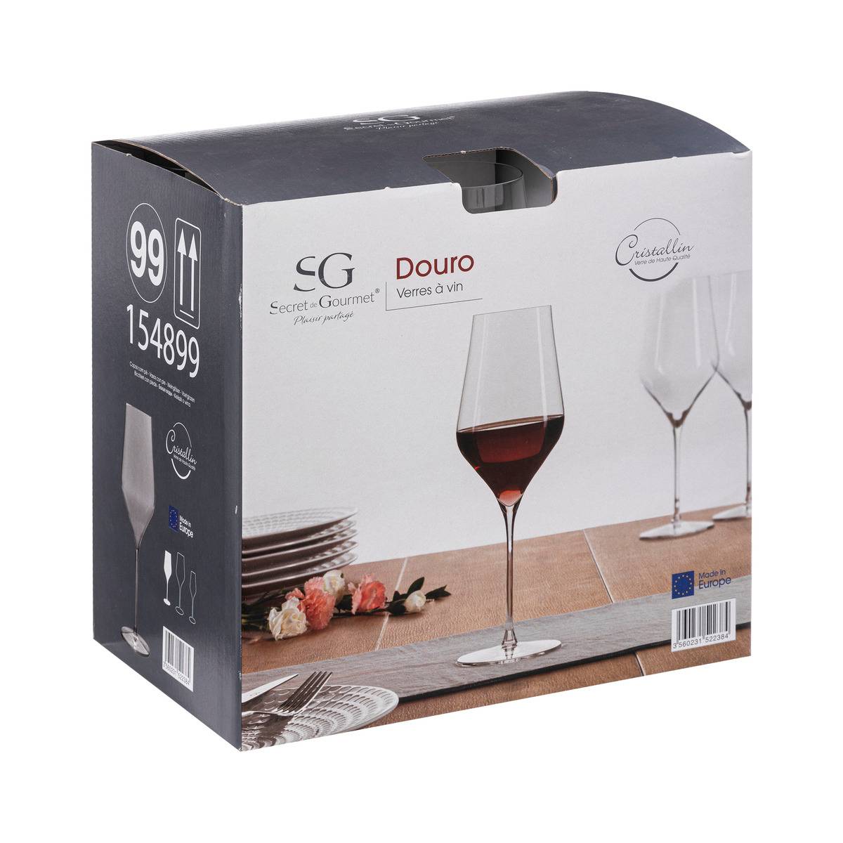 Lot de 6 verres à vin en verre cristallin 52 cl DOURO transparent, SECRET DE GOURMET