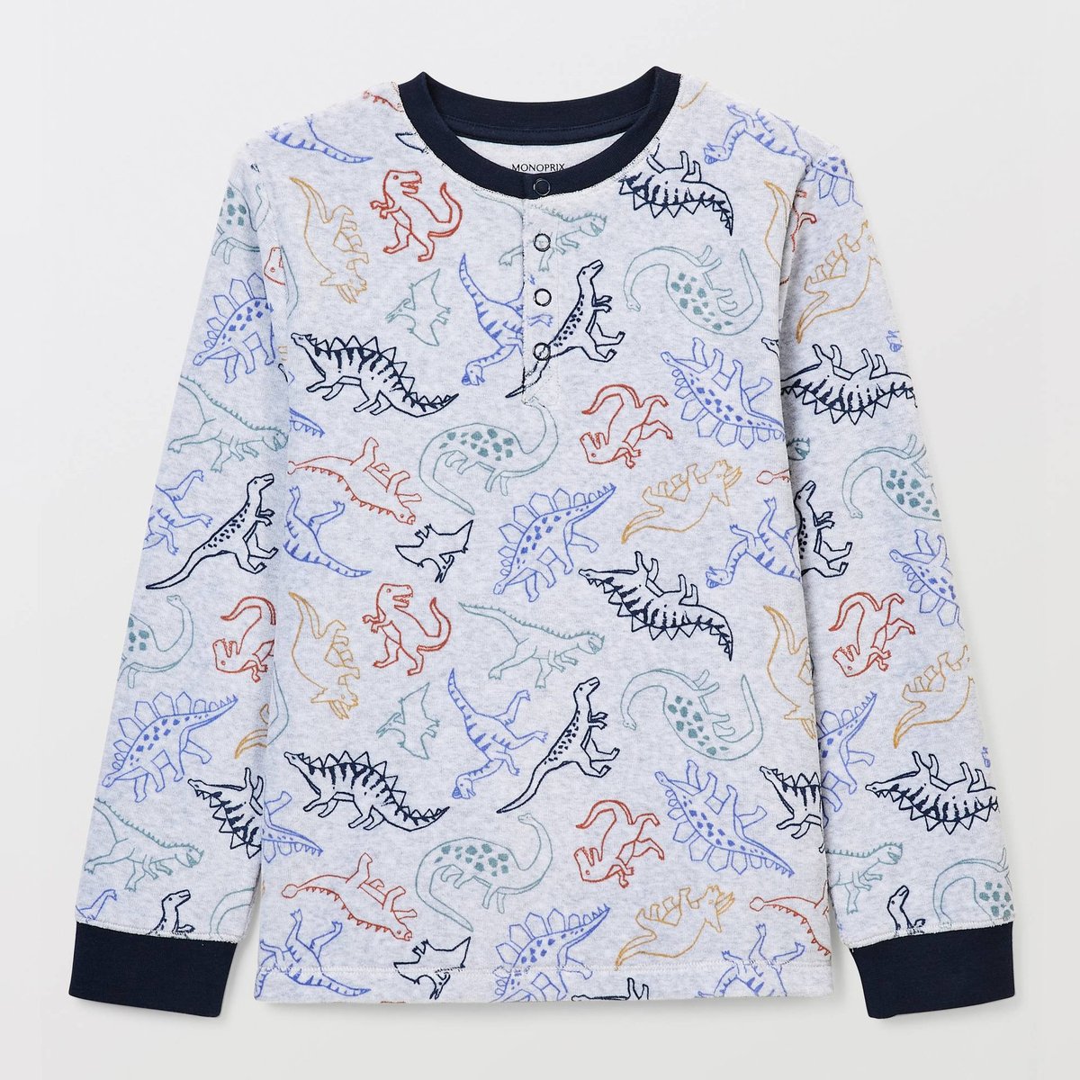 Pyjama velours manches longues imprimé contient du coton BIO GOTS gris chine clair, MONOPRIX