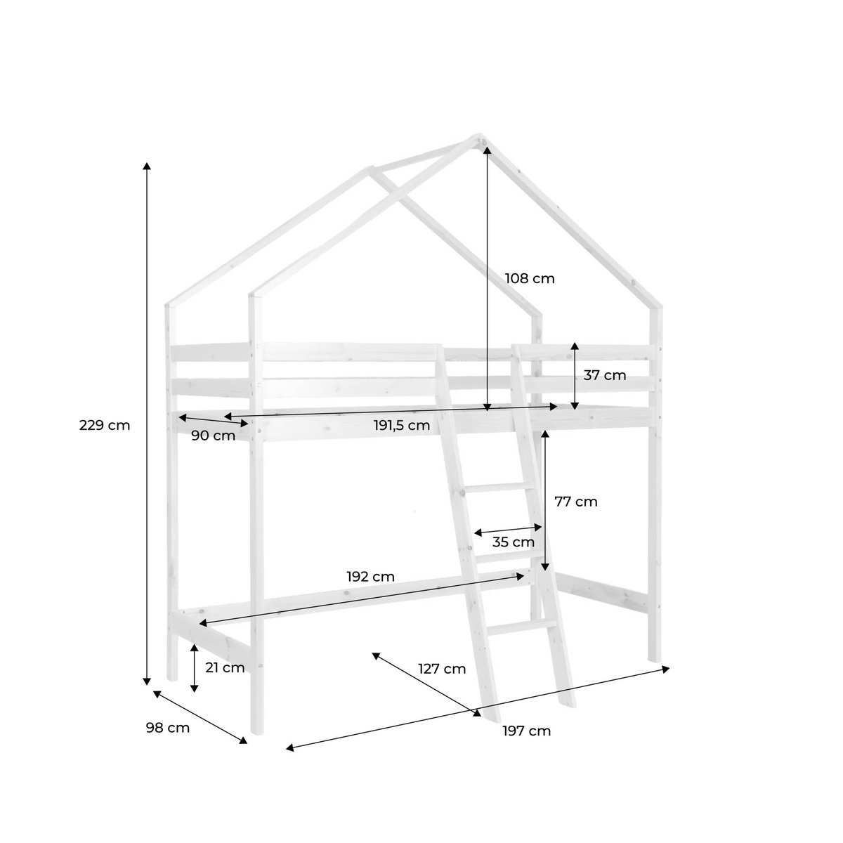 Lit enfant mezzanine cabane 90 x 190 cm pin naturel ROYA naturel, SWEEEK