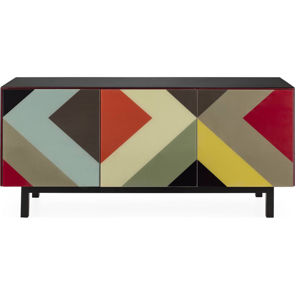 Buffet en verre et métal design géométrique noir et multicolore, RECOLLECTION