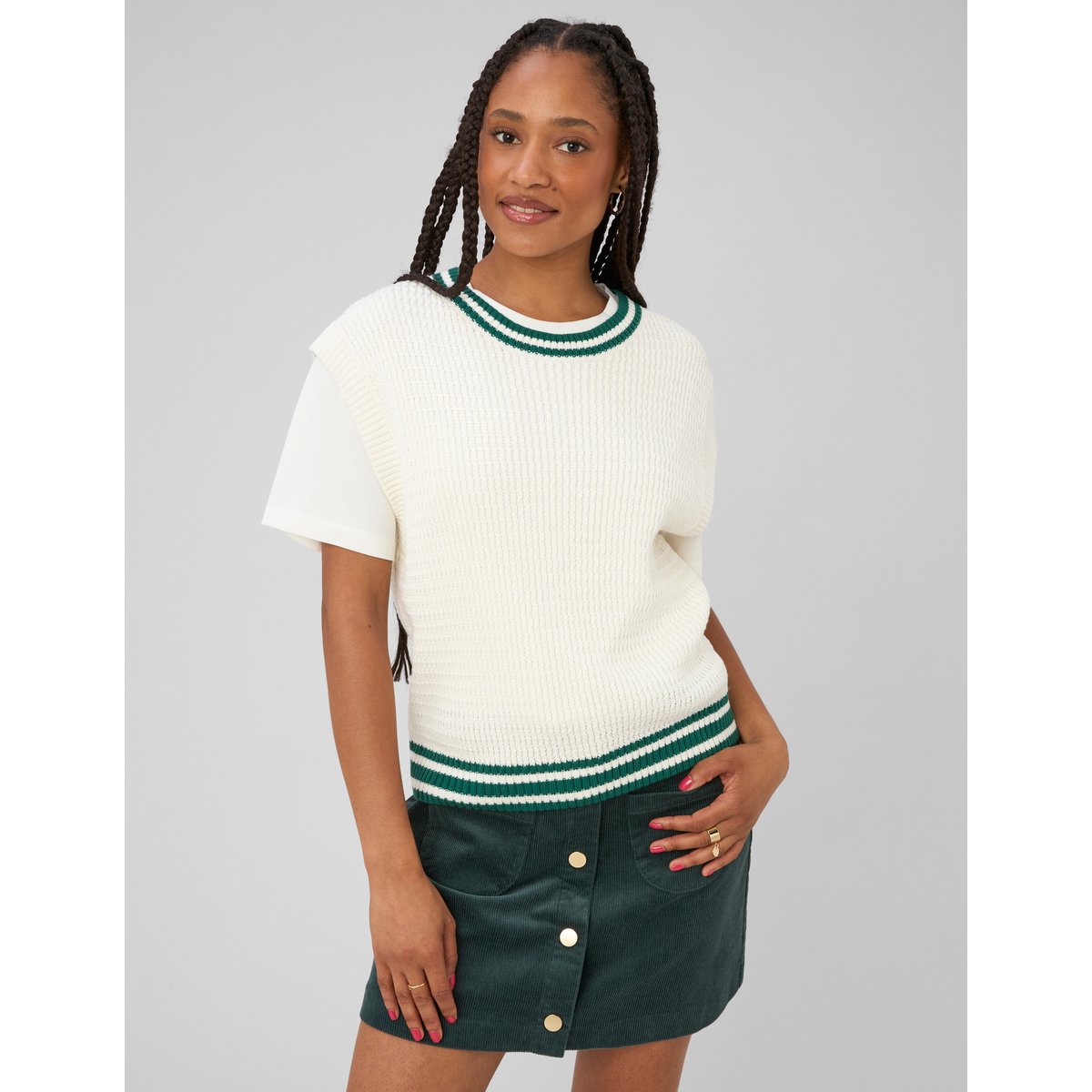 Pull sans manches côtelé blanc écru, BZB