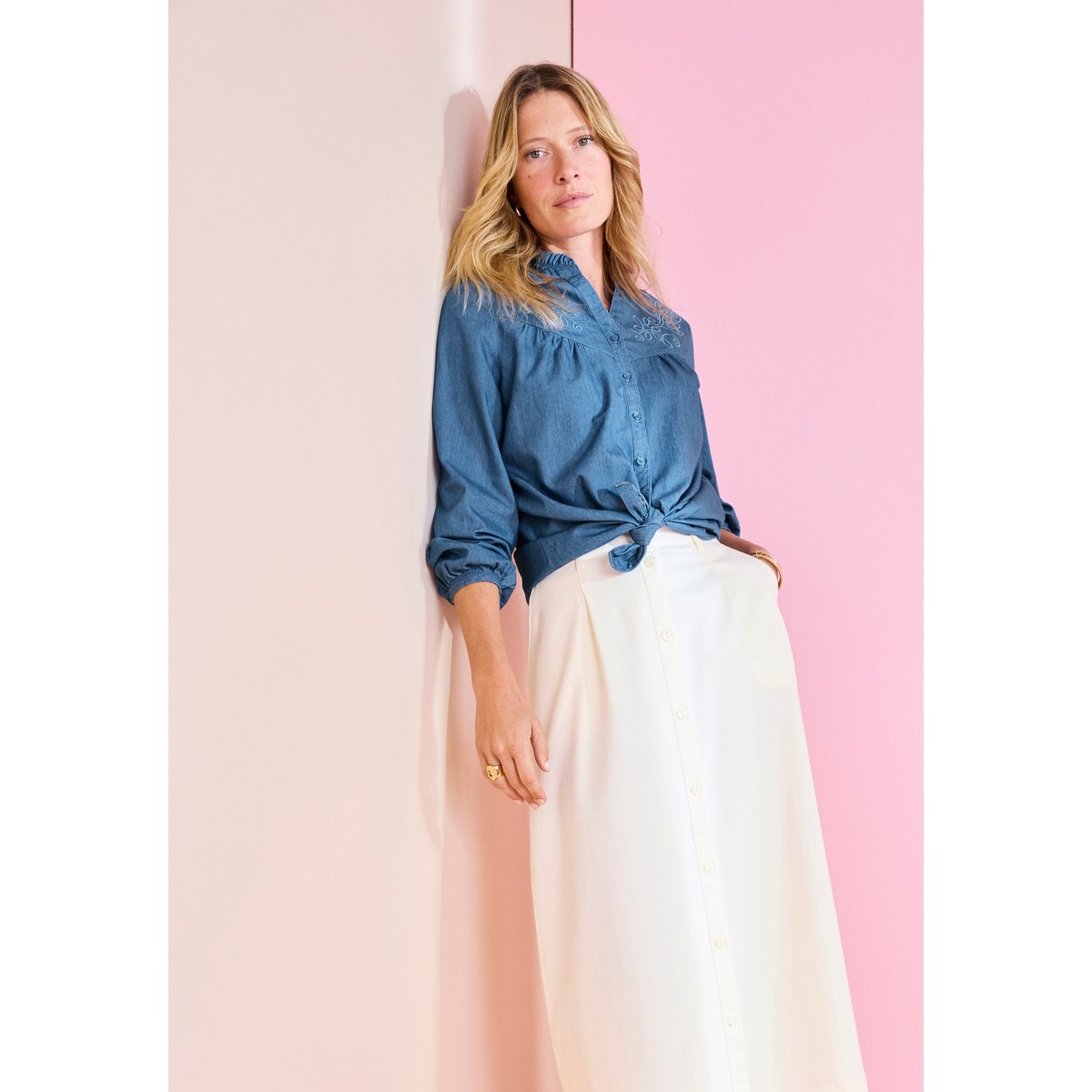 Chemisier en denim brodé bleu denim moyen, DAMART