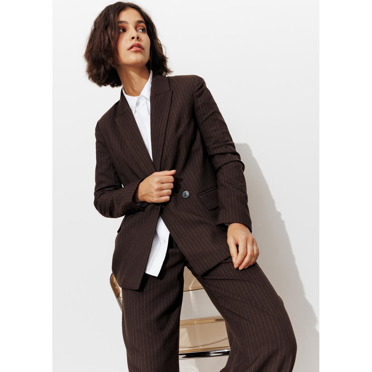 Veste de tailleur rayée marron, PROMOD