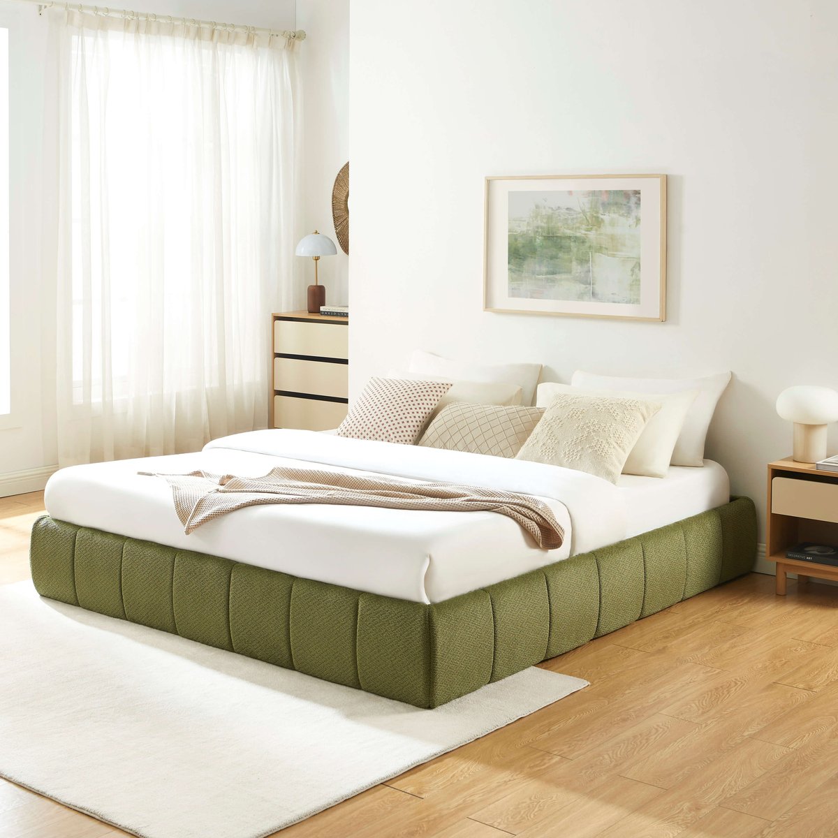 Lit coffre tissu chenille et sommier LAVINIA vert, BAÏTA