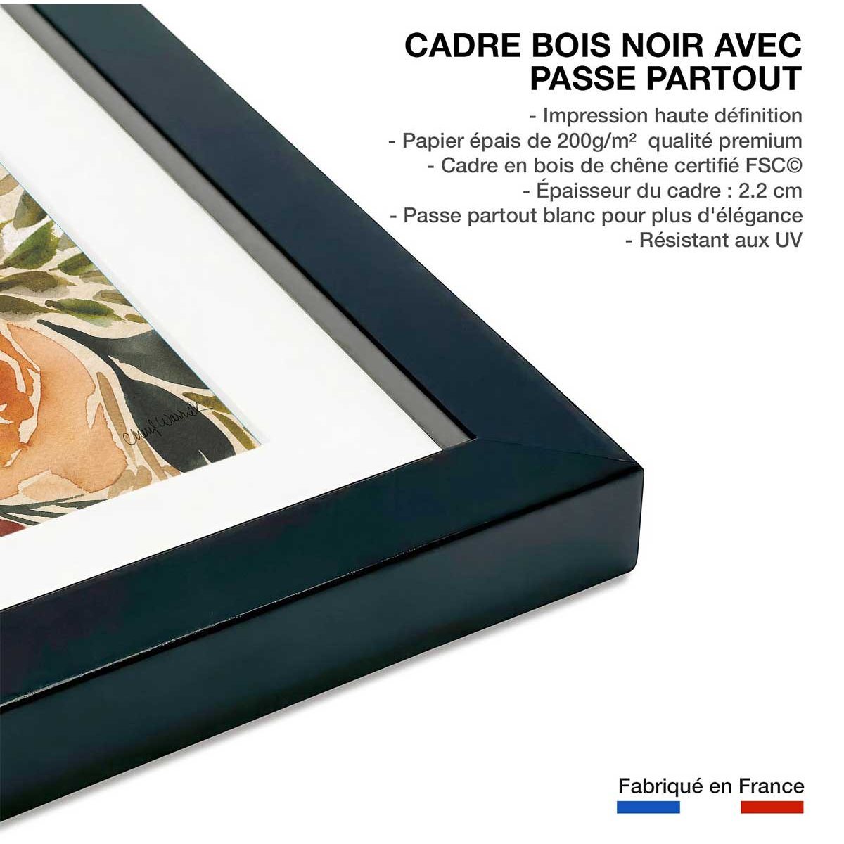 Poster roses merveilleuses affiche + cadre en bois - noir, HEXOA