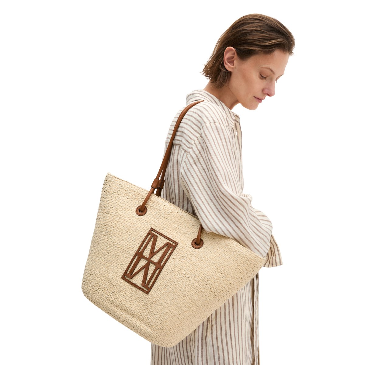 Shopper en raphia large avec détails élégants en cuir véritable cognac, MARC O'POLO