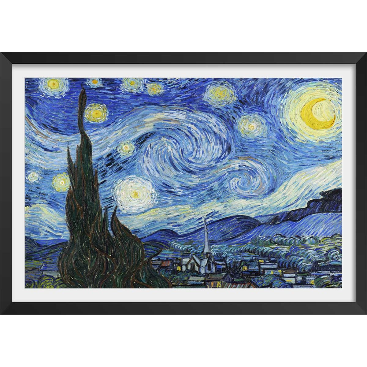 Poster La nuit étoilée - Vincent Van Gogh affiche + cadre en bois - noir, HEXOA