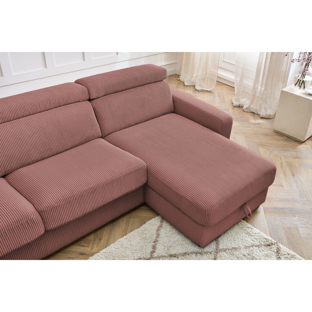 Canapé d'angle convertible 4 places en velours côtelé couchage 140x190 cm, MONACO rose, BOBOCHIC