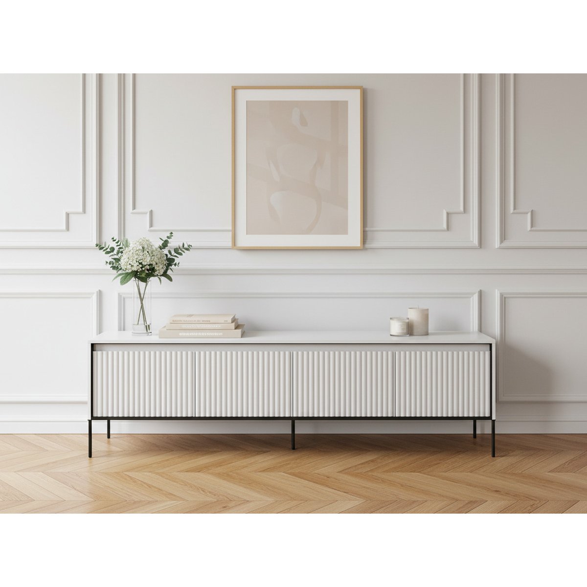 Meuble TV 193 cm panneaux de particules, LENARA blanc, BOBOCHIC