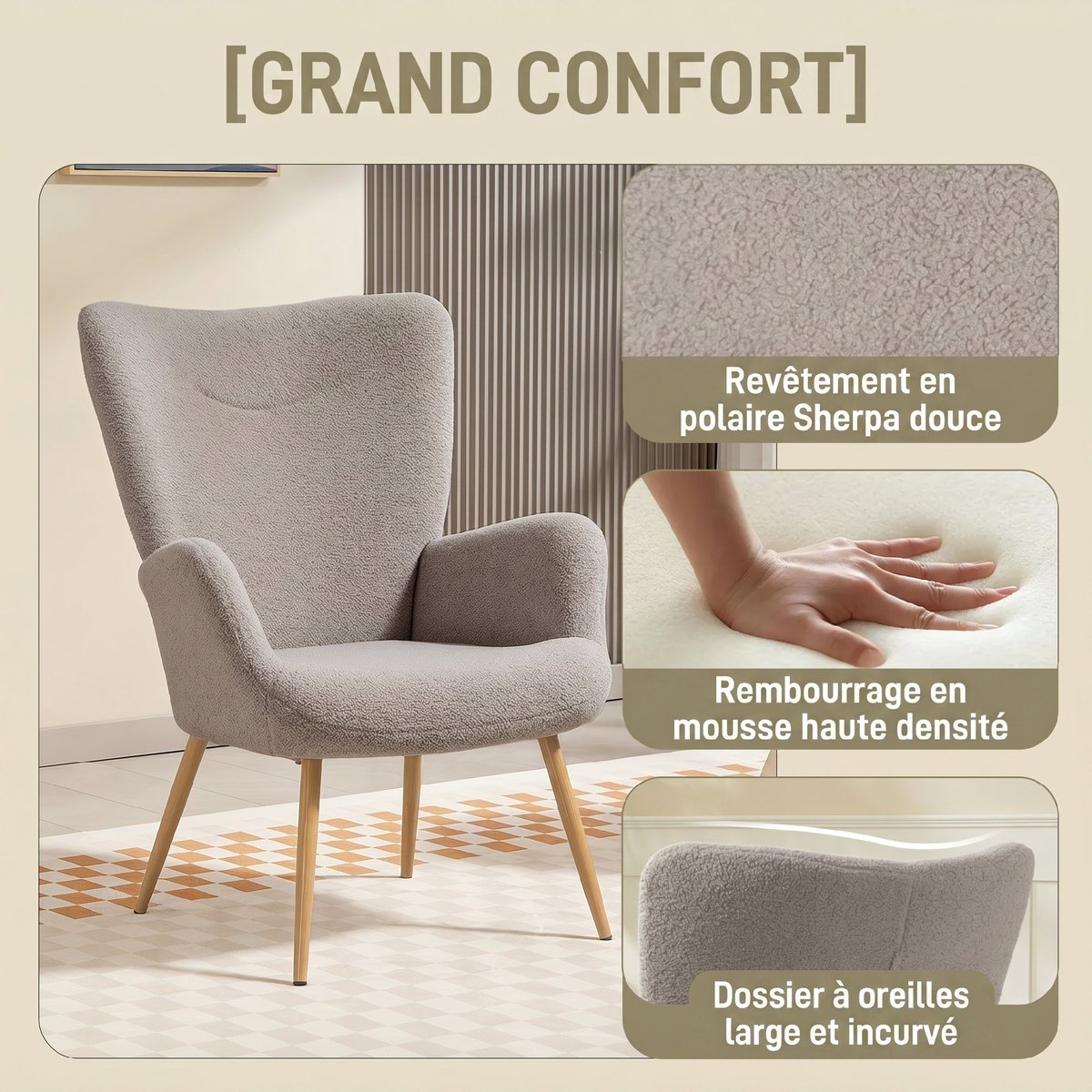 Accent Chair Tissu bouclette Gris gris, HOMCOM