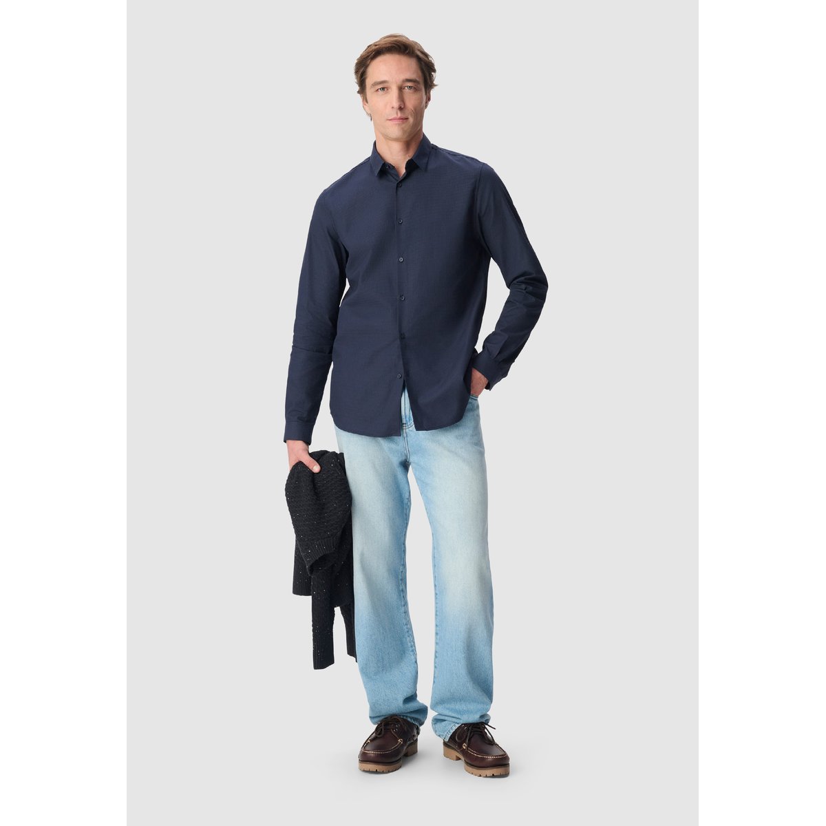Chemise regular jacquard motif rayures bleu nuit, IKKS