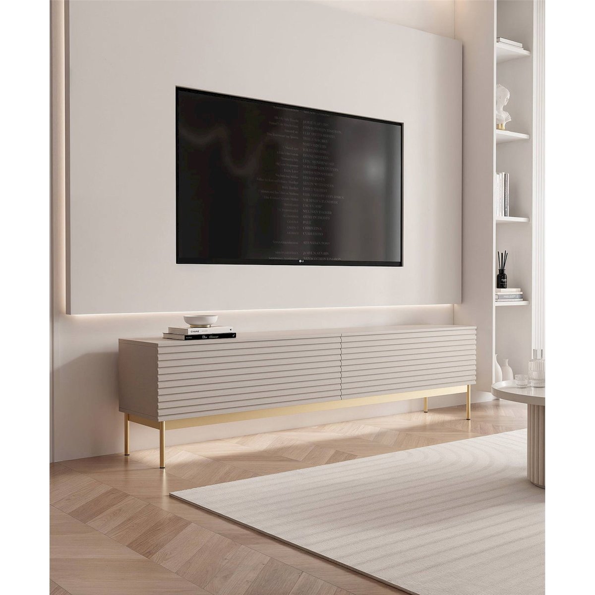 Meuble tv rainuré LED intégrée LINEARIS cachemire et doré, RECOLLECTION