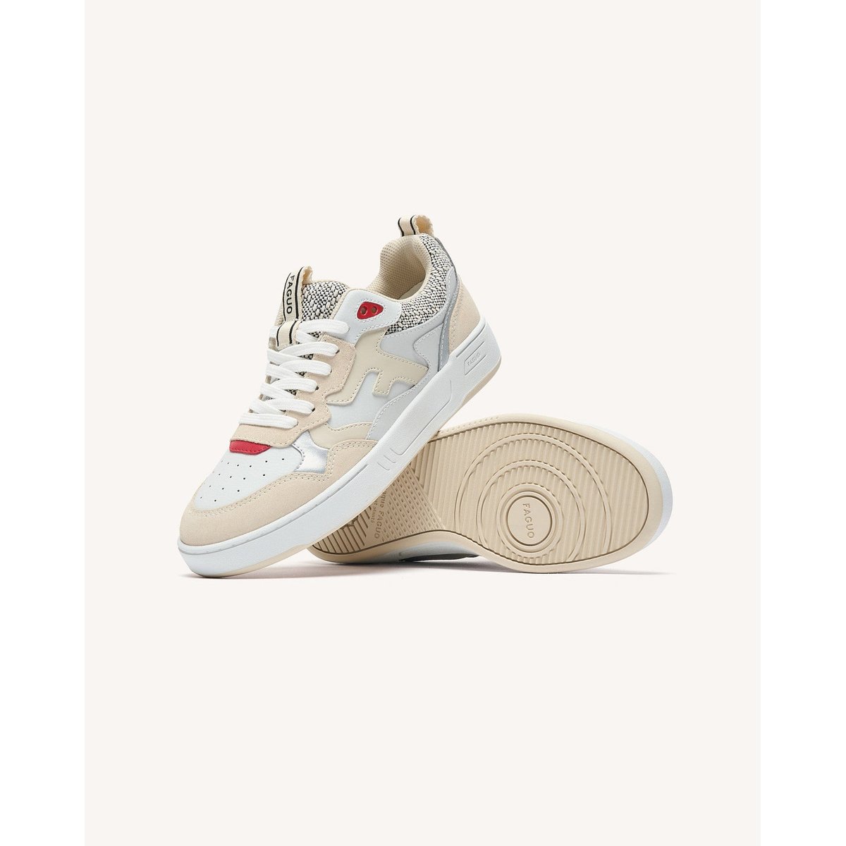Baskets basses cuir suede DAHLIA crème et rouge, FAGUO