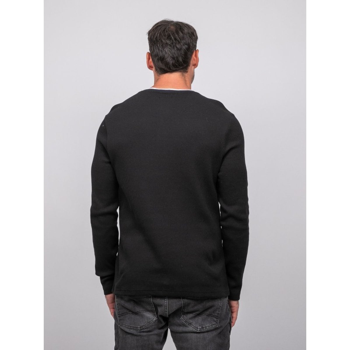 T Shirt Manches Longues Gaufré Col Tunisien Coton Jotendo noir, RITCHIE