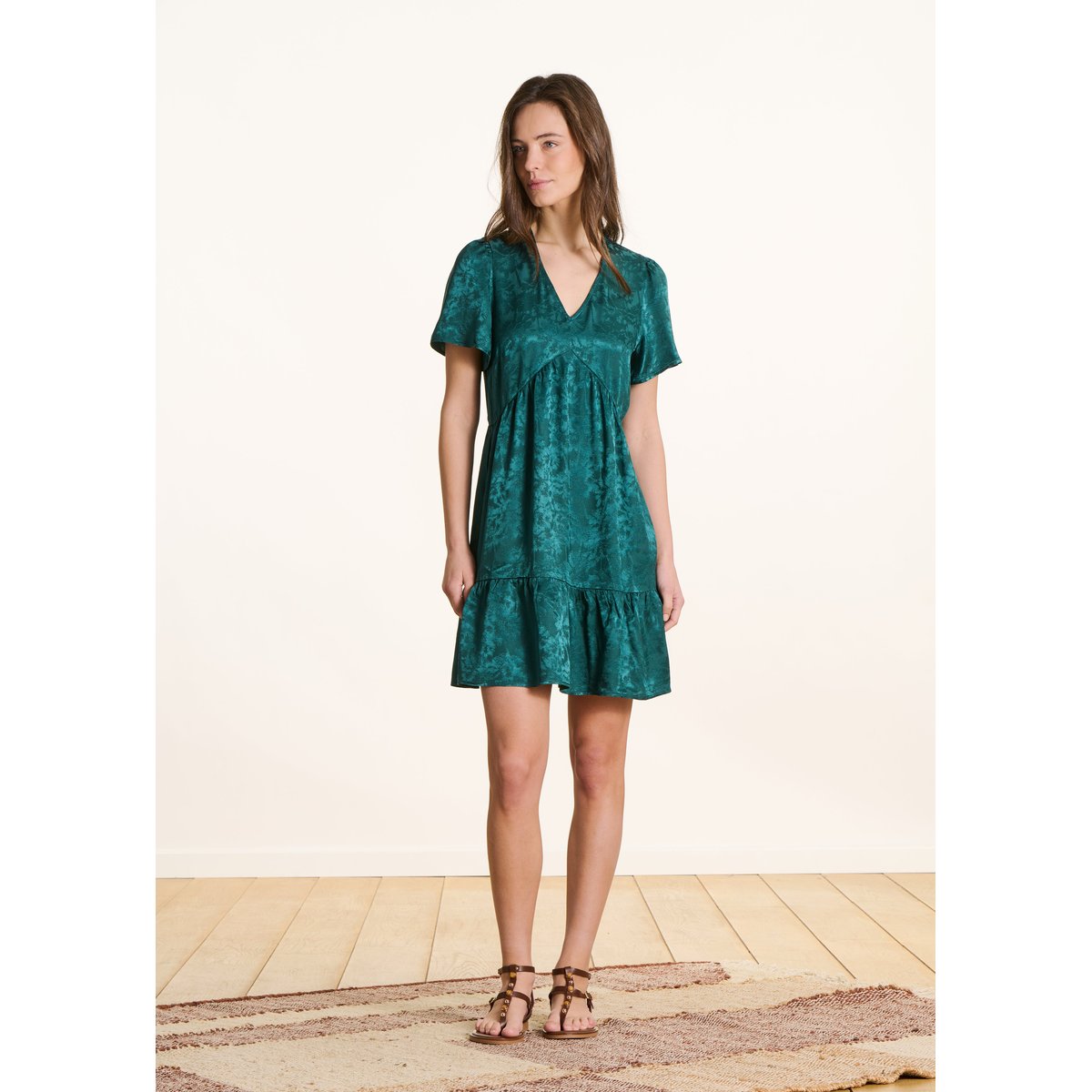 Robe courte fluide en jacquard petrole light, LA FEE MARABOUTEE