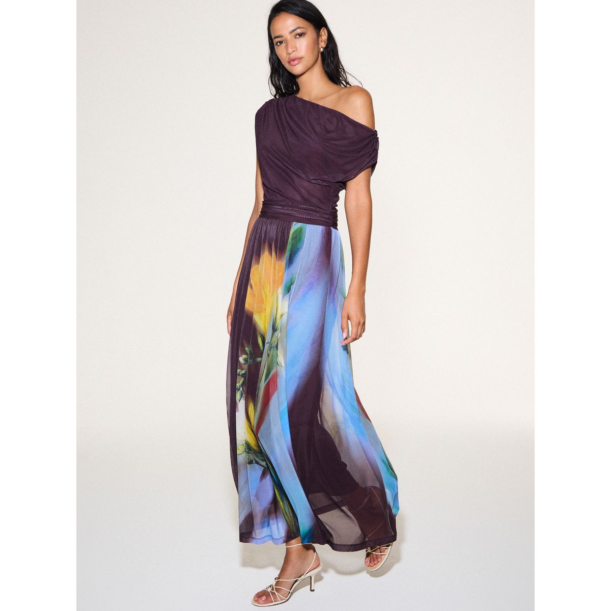 Robe mi-longue en mesh à épaules dénudées imprimé floral prune/jaune, NEXT