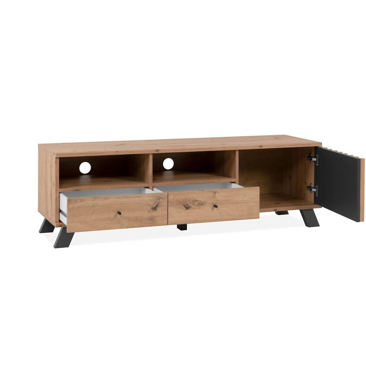 Meuble TV avec rangement 1 porte noire rainurée ALVA bois naturel, PIER IMPORT