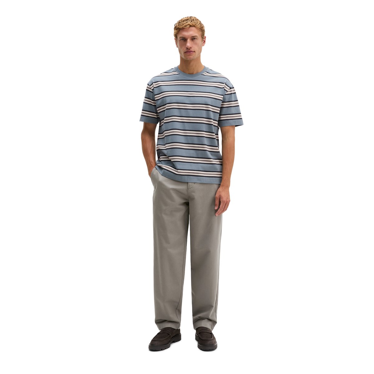 T-shirt regular en coton bio teint en fil bleu, MARC O'POLO