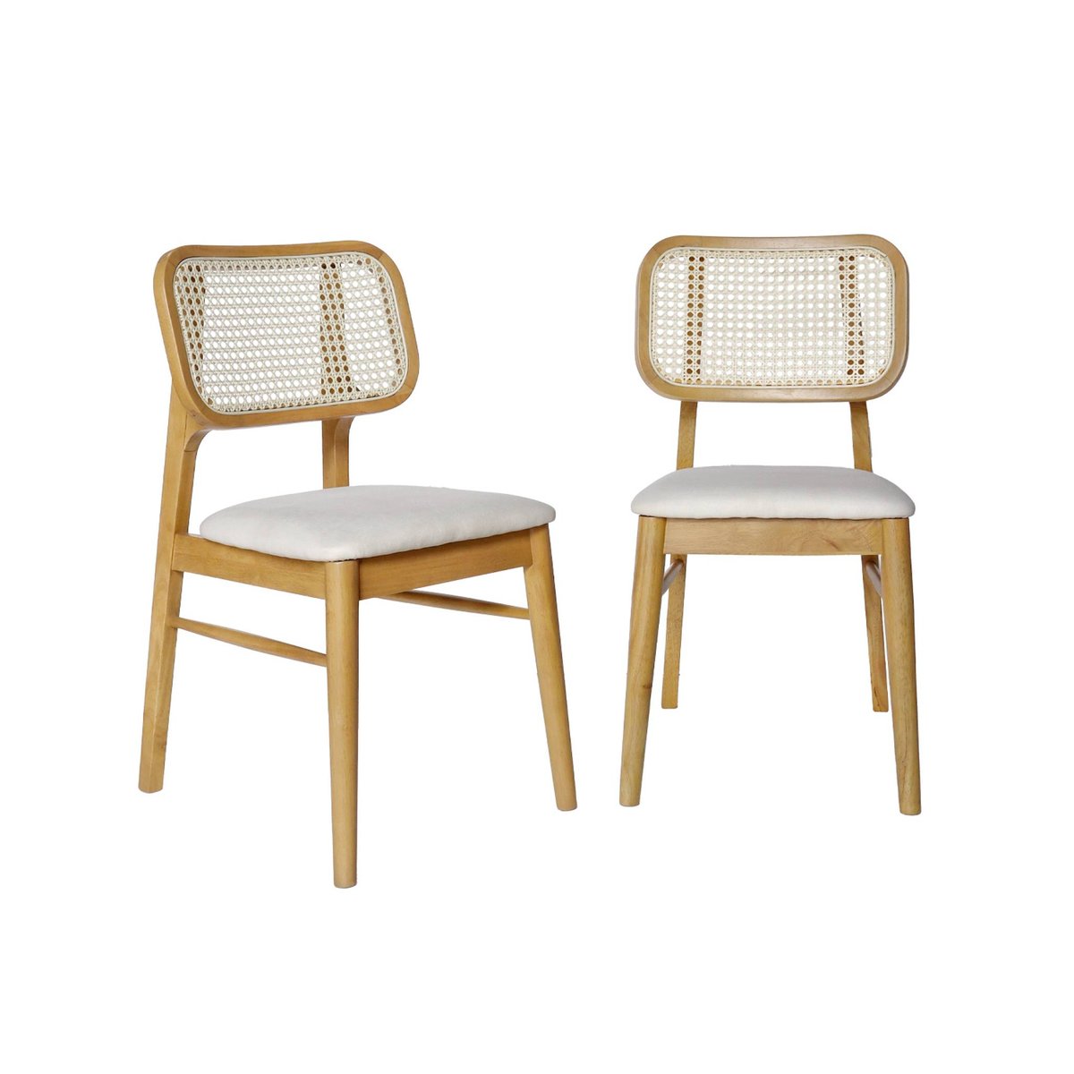 Chaise bohème bois d'hévéa cannage et tissu (lot de 2) MANI chêne, SWEEEK