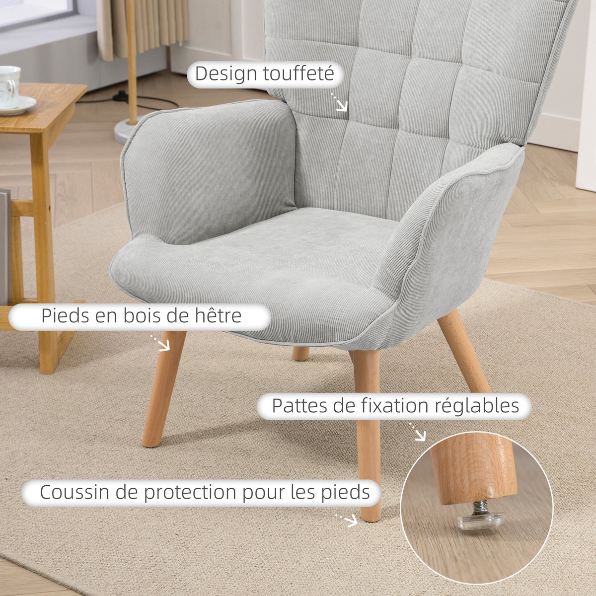 Fauteuil d'appoint avec repose-pieds gris, HOMCOM
