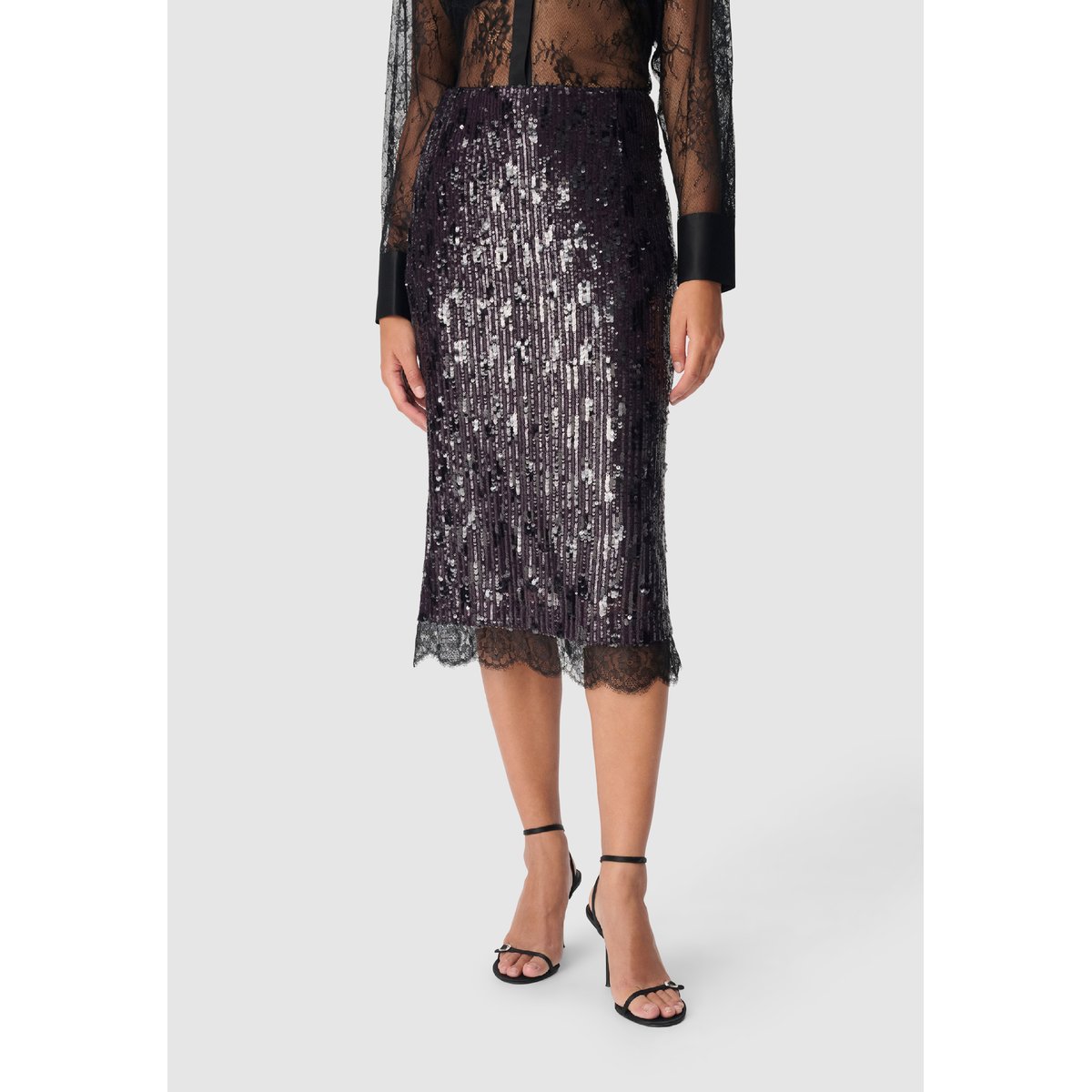 Jupe brodée sequins bande dentelle violet foncé, IKKS