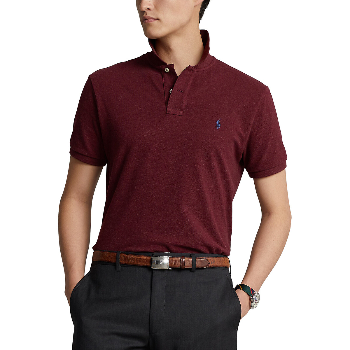 Pólo em piqué de corte justo bordeaux, POLO RALPH LAUREN