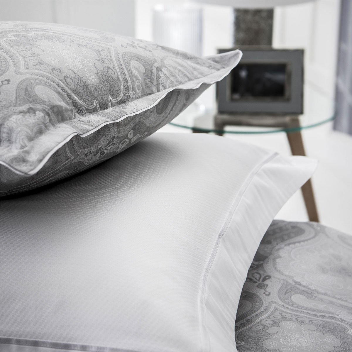 Housse de couette imprimée en satin de coton, NAMASTE gris argent, ALEXANDRE TURPAULT
