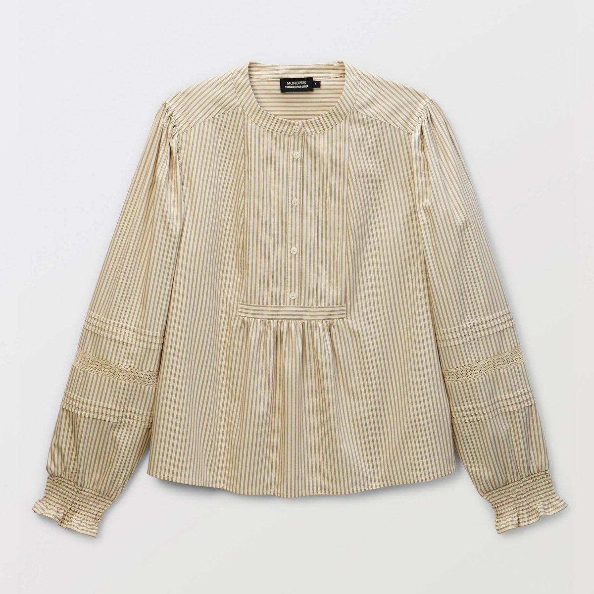 Blouse rayée manches longues en coton ecru, MONOPRIX