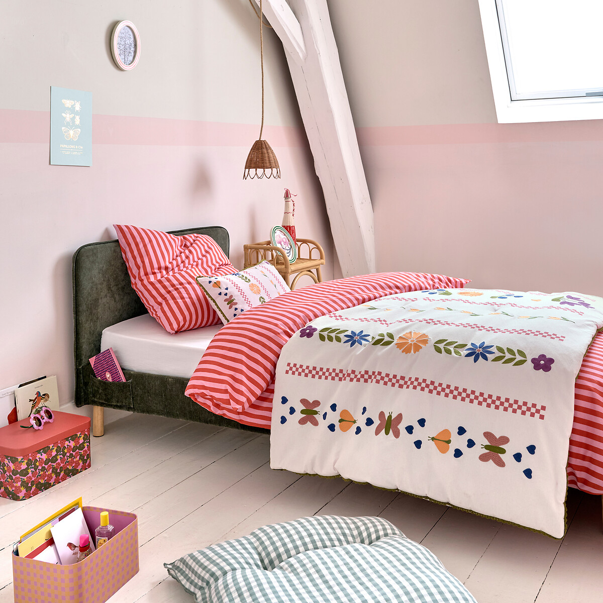 Parure de lit enfant, en 50% coton recyclé, taie carrée, SACHA ROSE rayé rose, LA REDOUTE INTERIEURS