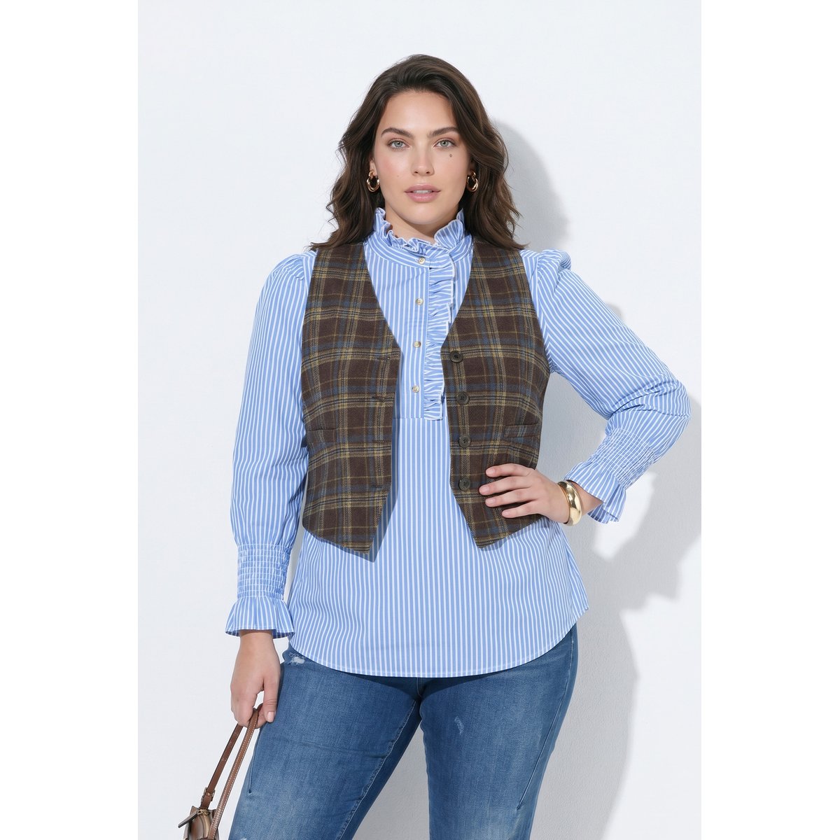 Gilet à carreaux, dentelle et col en V acajou, ULLA POPKEN