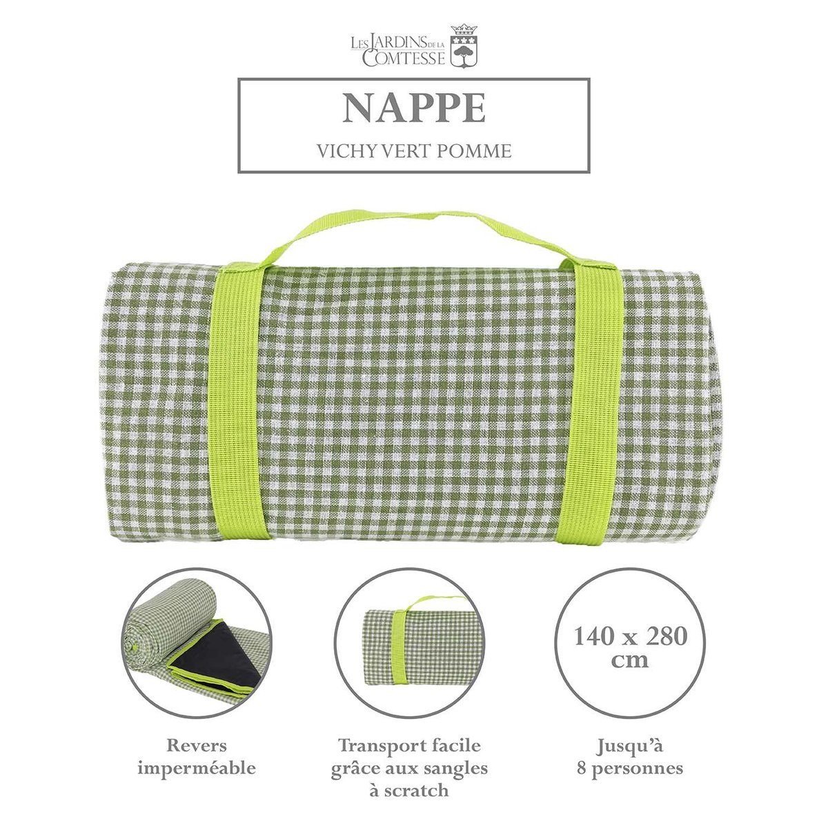 Nappe pique-nique à revers imperméable vichy vert pomme, LES JARDINS DE LA COMTESSE