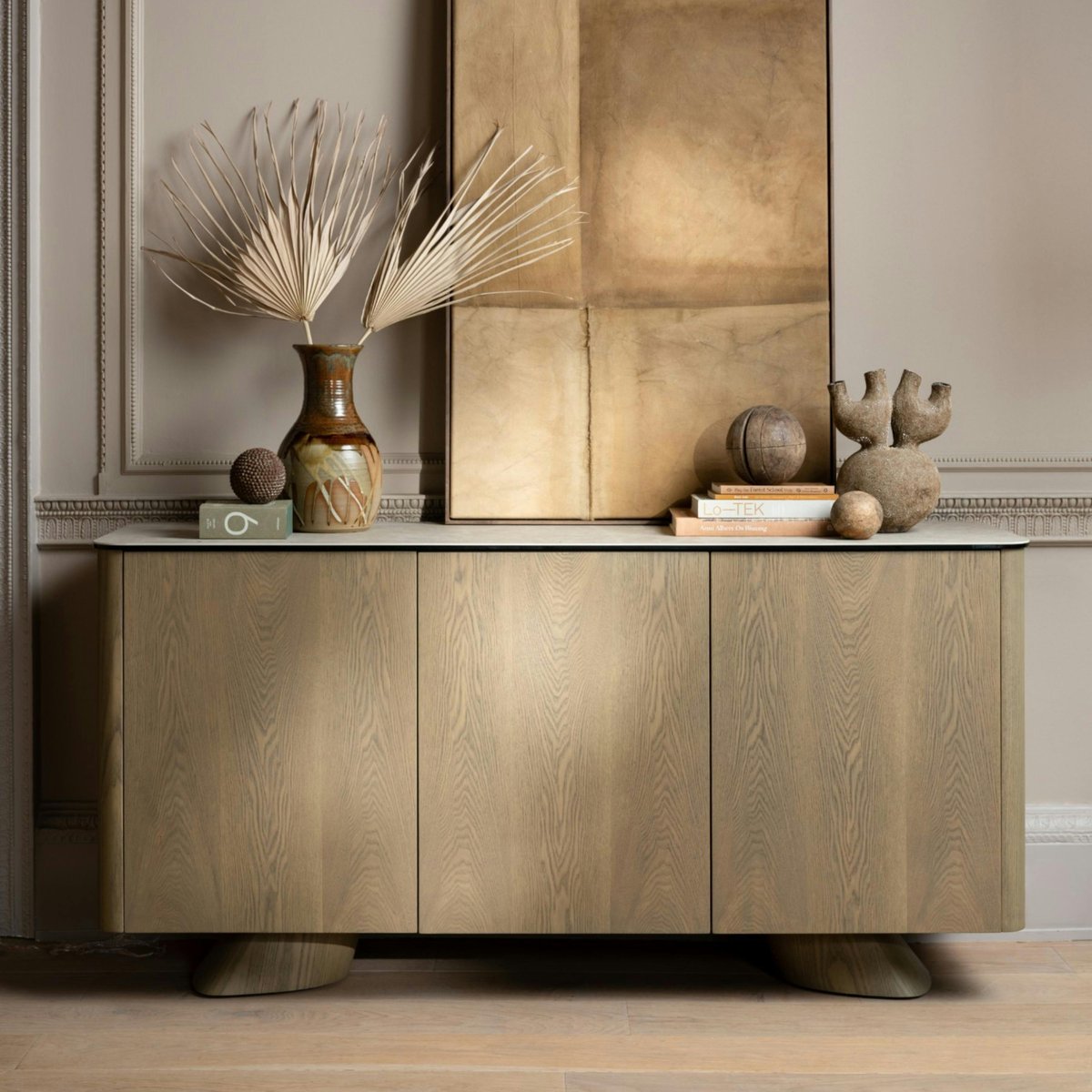 Buffet design céramique et placage chêne 3 portes CALA bois naturel, PIER IMPORT