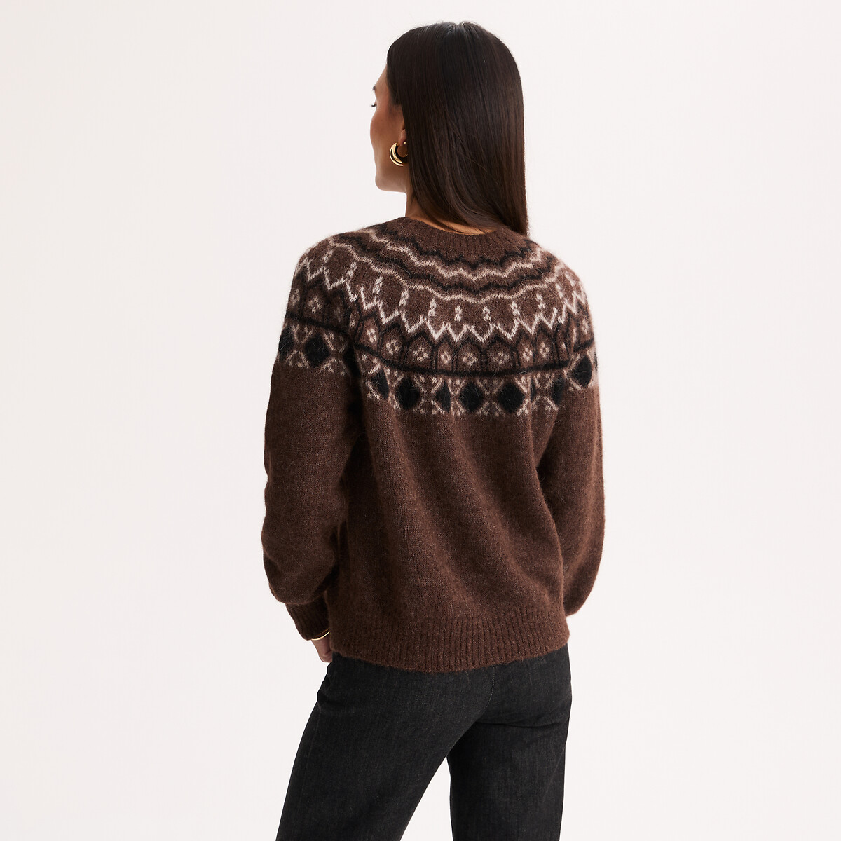 Pull jacquard à col rond, en alpaga mélangé jacquard beige, ANNE WEYBURN