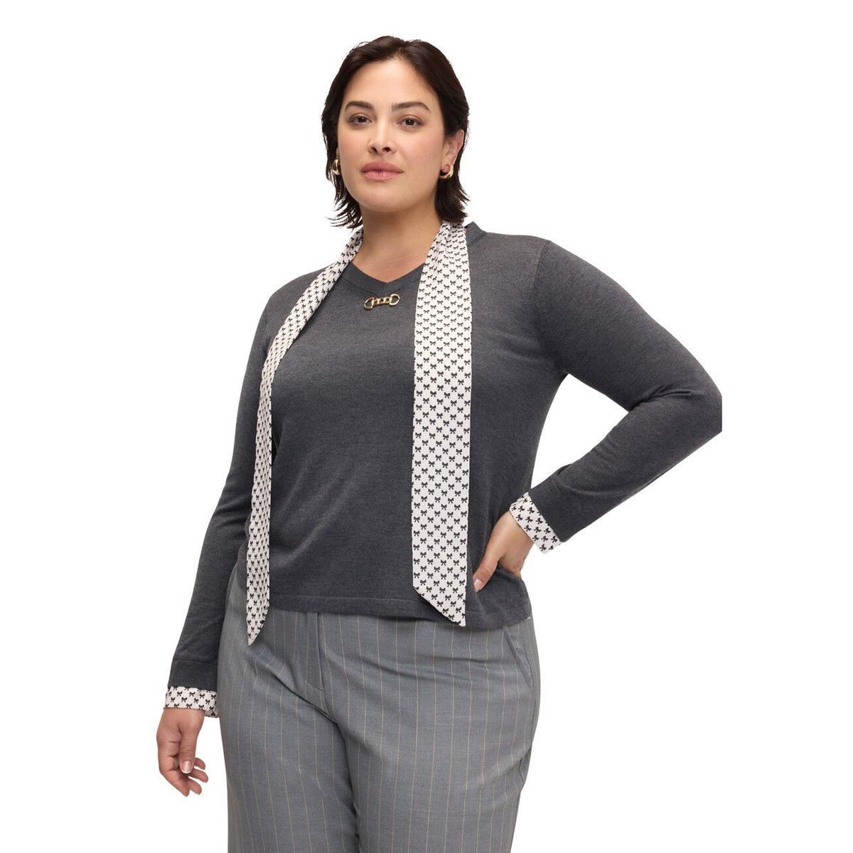 Pull avec écharpe intégrée imprimée gris, FIORELLA RUBINO