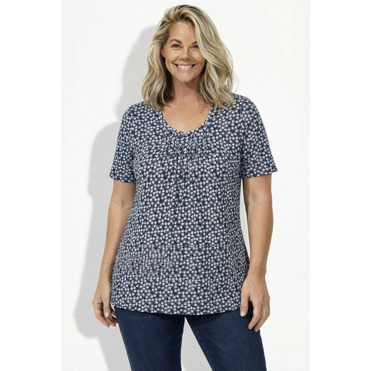 T-Shirt avec plis fantaisie, coupe évasée marine, ULLA POPKEN