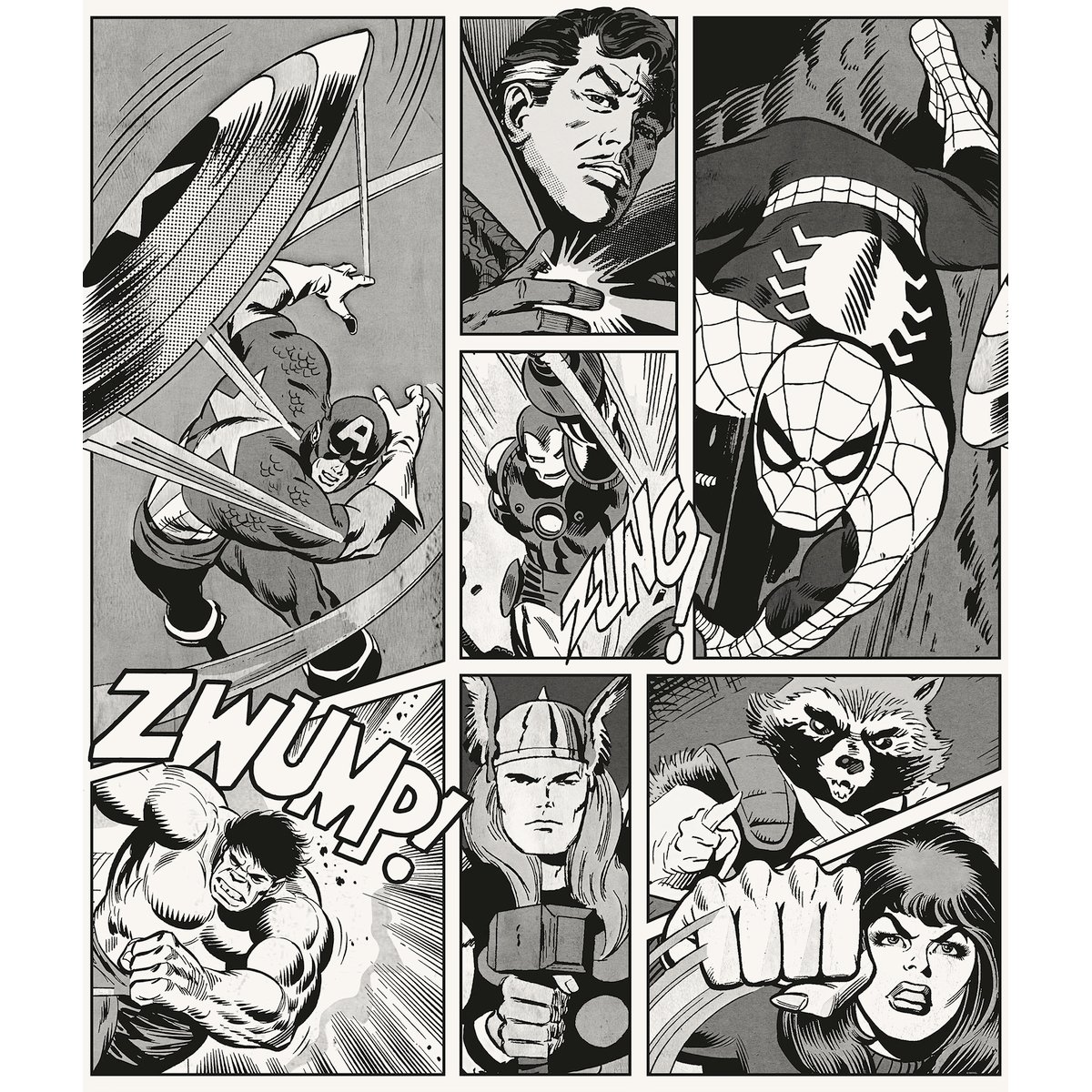 Papier peint  Komar - Marvel Classic Comic Panel Monochrome - Rouleau: 212 x 250 cm noir, HEXOA