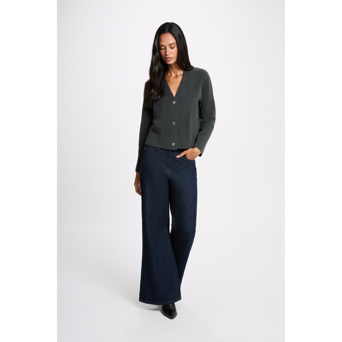 Gilet col rond gris foncé, MORGAN